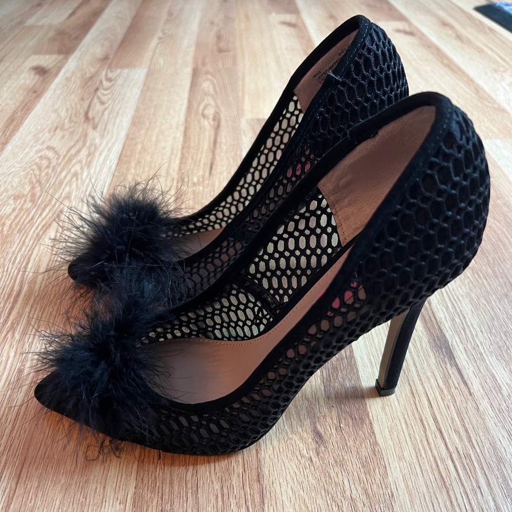 Betsey Johnson Black Mesh Heels with Feather Accent